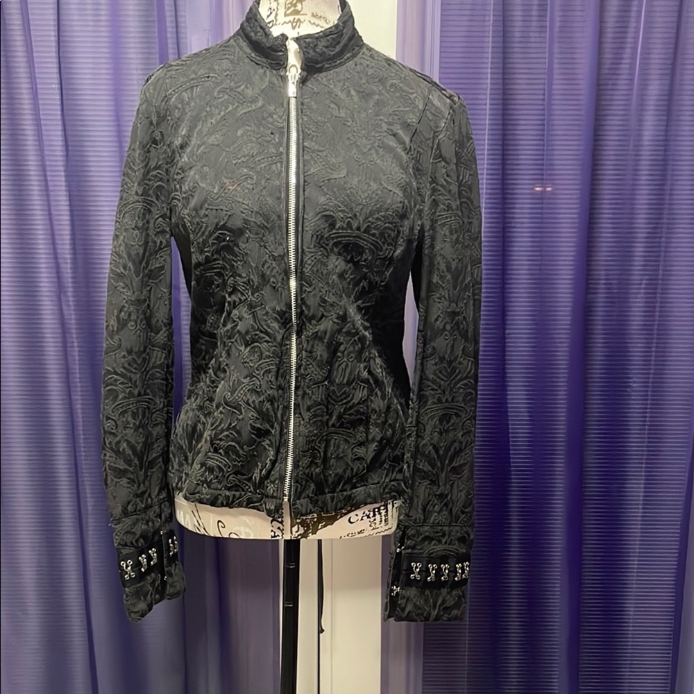 Tripp NYC Black Brocade Bomber Jacket